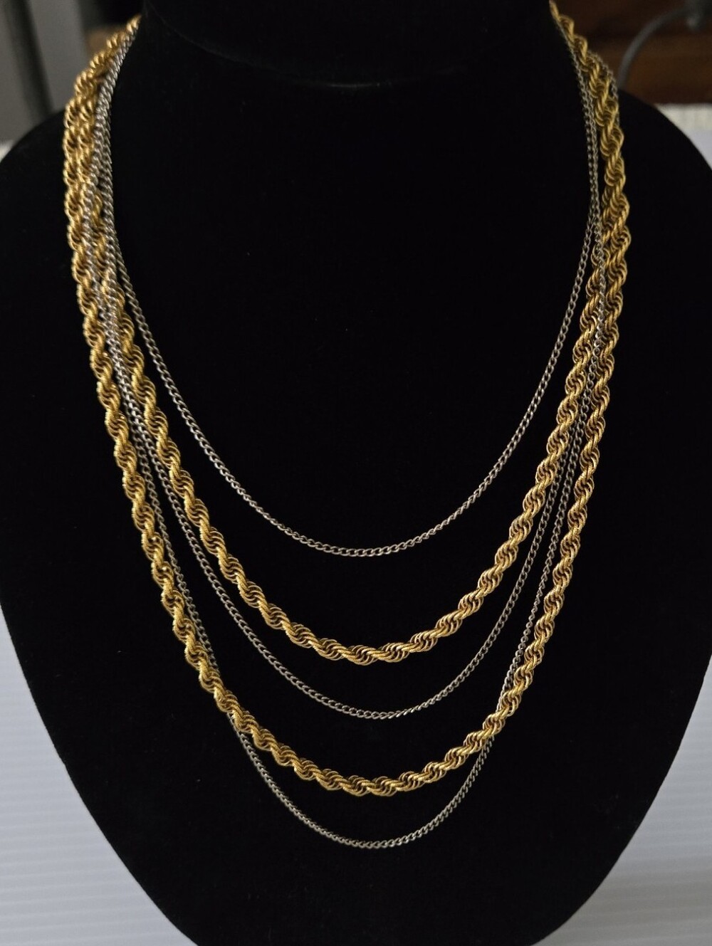 Vintage Gold & Silver Tone Multi Strand Layered Chain Necklace Statement Bib